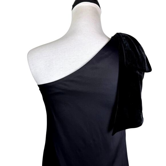 W by Worth Black Velvet Bow Rhinestone One Shoulder Satin Flirty Night Out Top - Picture 7 of 10